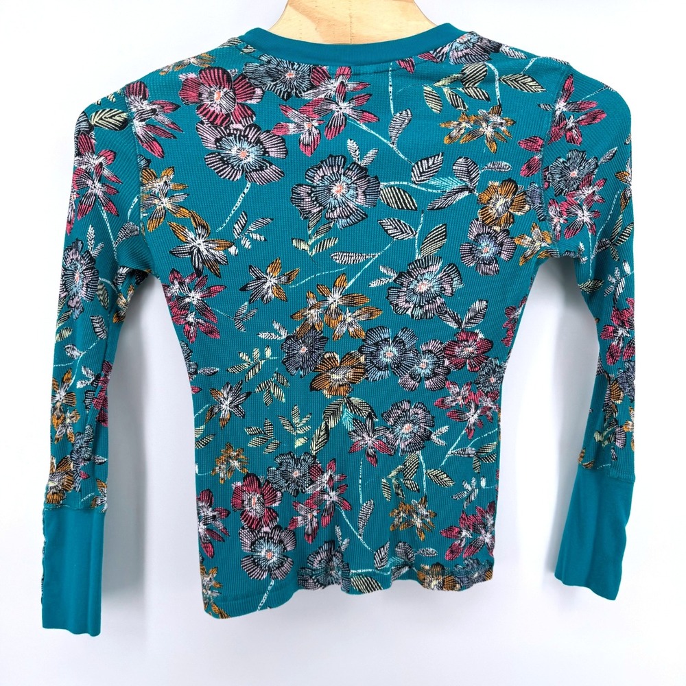 Sundance Thermal Knit Top Women Medium Teal Floral Waffle Long Sleeve Boho Cuffs - Picture 3 of 5